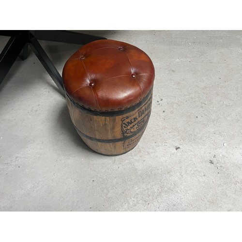 13 - INDUSTRIAL JACK DANIELS WINE BARREL STOOL WITH LEATHER SEAT