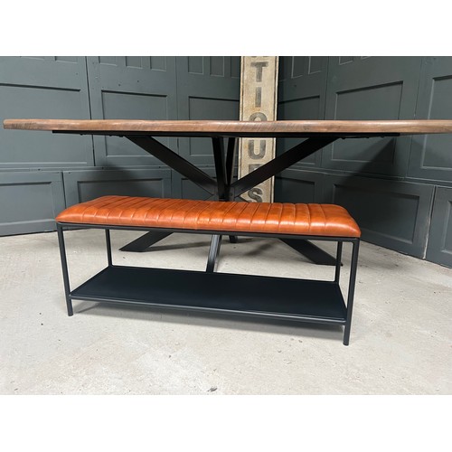 71 - BOXED NEW IRON FRAMED INDUSTRIAL TAN RIBBED LEATHER BENCH WITH BLACK SHELF