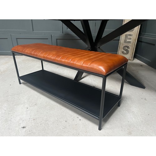 72 - BOXED NEW IRON FRAMED INDUSTRIAL TAN RIBBED LEATHER BENCH WITH BLACK SHELF