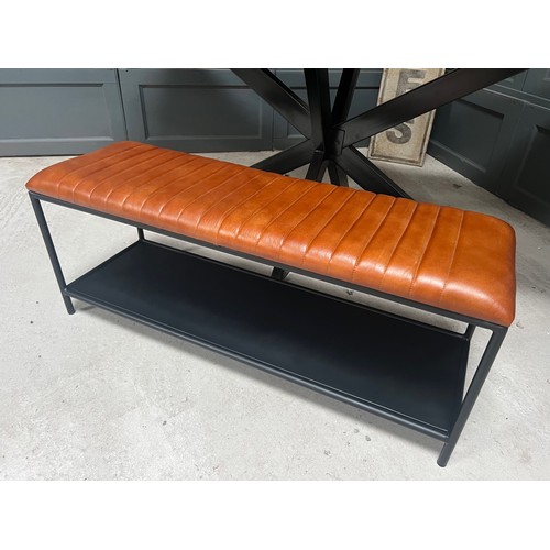 73 - BOXED NEW IRON FRAMED INDUSTRIAL TAN RIBBED LEATHER BENCH WITH BLACK SHELF