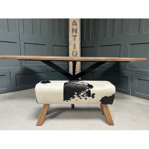 63 - BOXED NEW LARGE BLACK AND WHITE COW HIDE POMMEL HORSE (Due to the nature of the raw cow hide materia... 