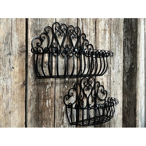 128 - DECORATIVE TWO PIECE IRON ORNATE WALL HANGING PLANTERS