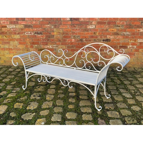 19 - NEW BOXED LARGE WHITE ORNATE IRON CHAISE BENCH (APPROX 200CM LONG X 65CM TALL X 46CM DEEP)