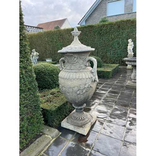 9 - MATCHING PAIR CLASSICAL STONE COMPOSITE 5FT TALL ORNATE URNS WITH HANDLES AND LID IN ANTIQUE FINISH