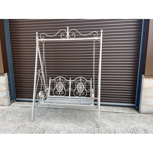 16 - BOXED NEW ORNATE METAL SWING BENCH IN ANTIQUE GREY FINISH (150CM LONG X 88CM DEEP X 210CM TALL)