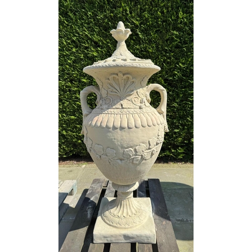 21 - MATCHING PAIR CLASSICAL STONE COMPOSITE 5FT TALL ORNATE URNS WITH HANDLES AND LID IN SANDSTONE FINIS... 