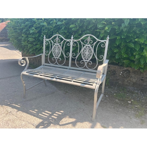 39 - BOXED NEW ANTIQUE GREY ORNATE METAL BENCH (120CM X 54CM X 96CM TALL)