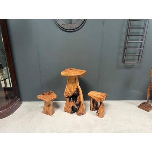 45 - NEW UNIQUE ROOTWOOD TALL TABLE WITH TWO STOOLS - PETRIFIED & POLISHED