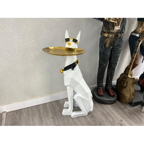 136 - NEW BOXED LARGE RESIN DOBERMAN HOLDING TRAY - White with Black Collar & Gold Tray