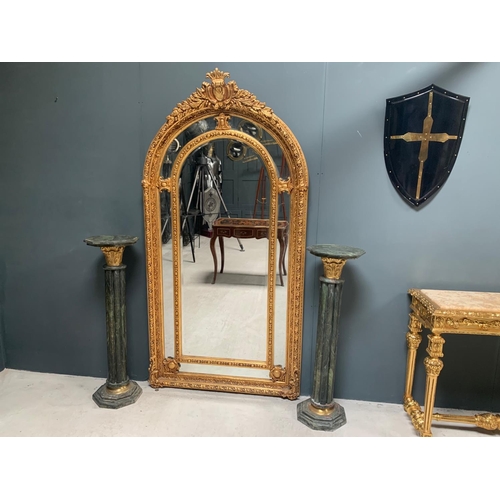 183 - BAROQUE ORNATE 2M HIGH WALL/FLOOR MIRROR IN WOOD AND PLASTER FRAME WITH ARCH TOP