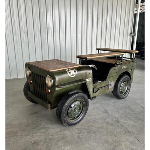 41 - HUGE ARMY JEEP BAR ON ORIGINAL WHEELS WITH SHELVING, WINE RACK, GLASS HOLDER