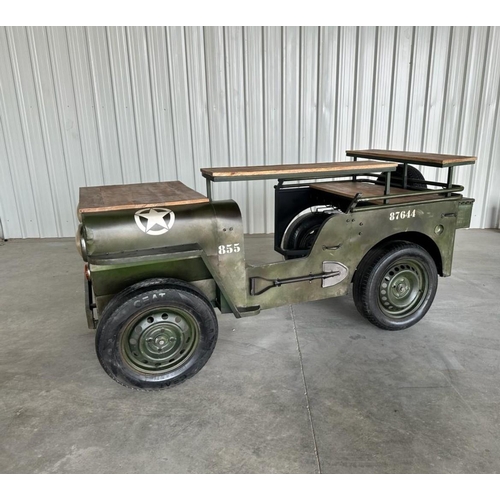 41 - HUGE ARMY JEEP BAR ON ORIGINAL WHEELS WITH SHELVING, WINE RACK, GLASS HOLDER