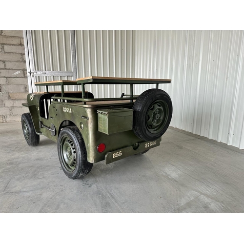 41 - HUGE ARMY JEEP BAR ON ORIGINAL WHEELS WITH SHELVING, WINE RACK, GLASS HOLDER