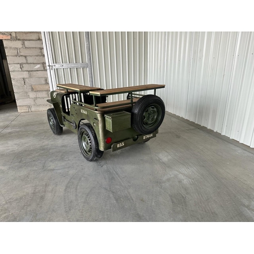 41 - HUGE ARMY JEEP BAR ON ORIGINAL WHEELS WITH SHELVING, WINE RACK, GLASS HOLDER