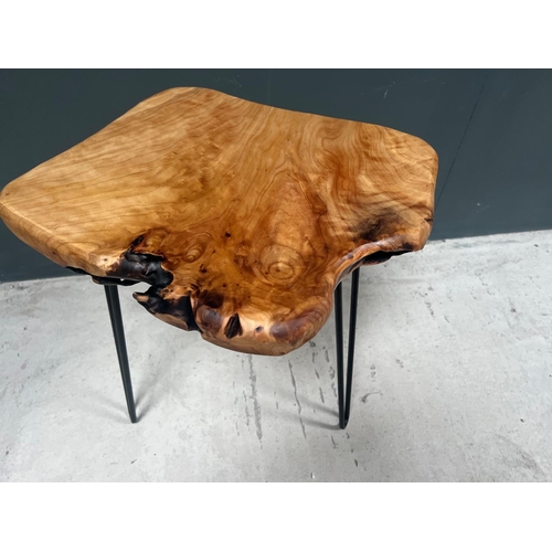 90 - BRAND NEW BOXED UNIQUE LIVE EDGE ROOTWOOD TABLE ON METAL BASE