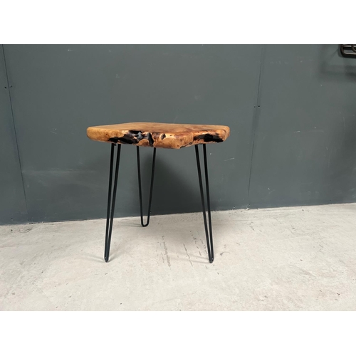 90 - BRAND NEW BOXED UNIQUE LIVE EDGE ROOTWOOD TABLE ON METAL BASE