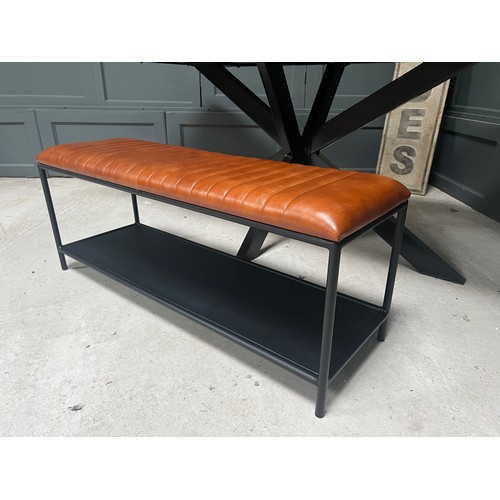 56 - BOXED NEW IRON FRAMED INDUSTRIAL TAN RIBBED LEATHER BENCH