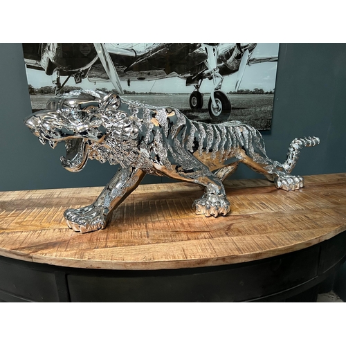 112 - NEW BOXED HUGE SILVER RESIN TIGER STATUE