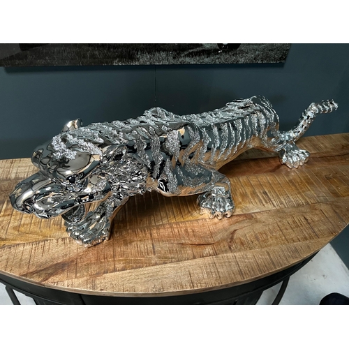 112 - NEW BOXED HUGE SILVER RESIN TIGER STATUE