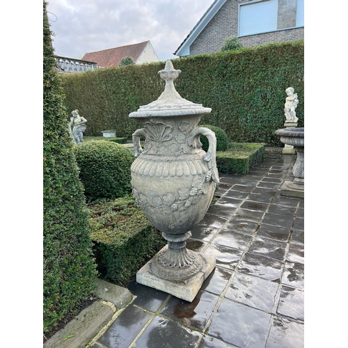 29 - MATCHING PAIR CLASSICAL STONE COMPOSITE 5FT TALL ORNATE URNS WITH HANDLES AND LID IN ANTIQUE FINISH