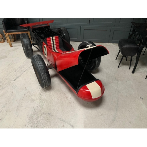 57 - LARGE IMPRESSIVE HAND MADE METAL RED RACING CAR BAR ON ORIGINAL WHEELS WITH UNDER BONNET STORAGE, WI... 