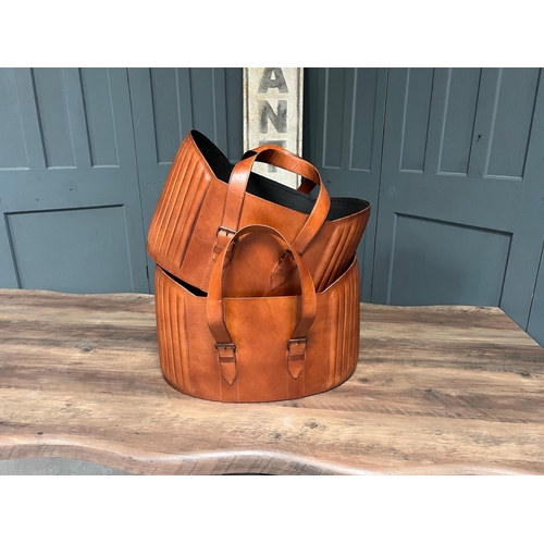 72 - BOXED NEW PAIR OF TAN LEATHER STORAGE BASKETS