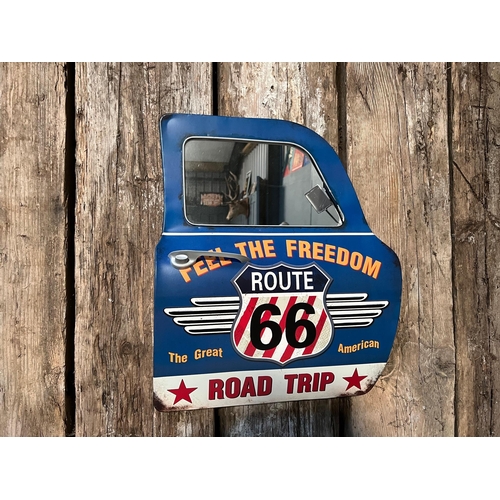 149 - NEW BOXED LARGE METAL ROUTE 66 CAR DOOR MIRROR (APPROX 50CM X 42CM)