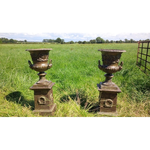 23 - PAIR LARGE HIGH QUALITY CAST IRON URNS IN BRONZE GREEN FINISH