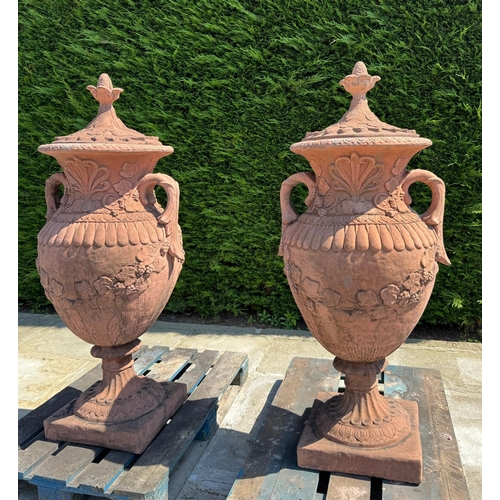 6 - MATCHING PAIR CLASSICAL STONE COMPOSITE 5FT TALL ORNATE URNS WITH HANDLES AND LID IN ANTIQUE TERRACO... 