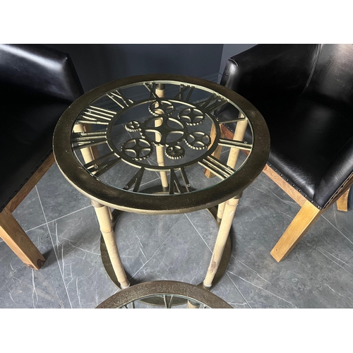 69 - BOXED NEW PAIR OF BRASS INDUSTRIAL STYLE CLOCKWORK NESTING SIDE TABLES