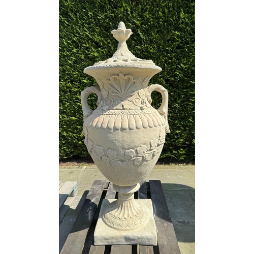 8 - MATCHING PAIR CLASSICAL STONE COMPOSITE 5FT TALL ORNATE URNS WITH HANDLES AND LID IN ANTIQUE SANDSTO... 