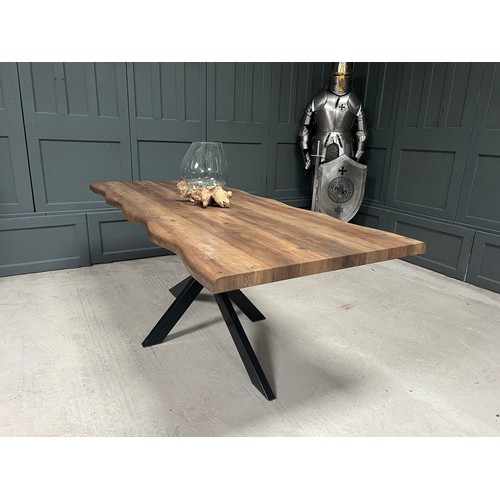 108 - NEW PACKAGED HUGE 2M LONG WANEY EDGE WOODEN DINING TABLE ON METAL CROSSED BASE