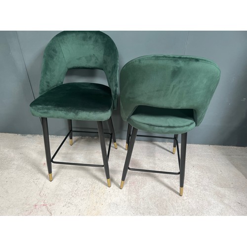 110 - BOXED NEW PAIR OF DARK GREEN VELVET BAR STOOLS