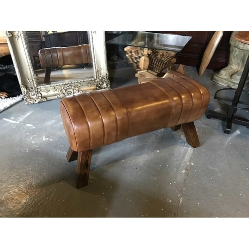124 - BOX AS NEW LARGE TAN LEATHER POMMEL STOOL