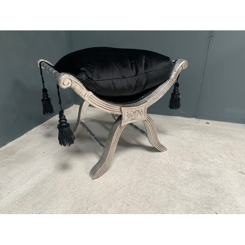 167 - WOODEN WINDOW SEAT IN BLACK UPHOLSTERY ON A SILVER FRAME