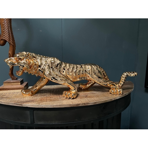 123 - NEW BOXED HUGE GOLD RESIN TIGER STATUE