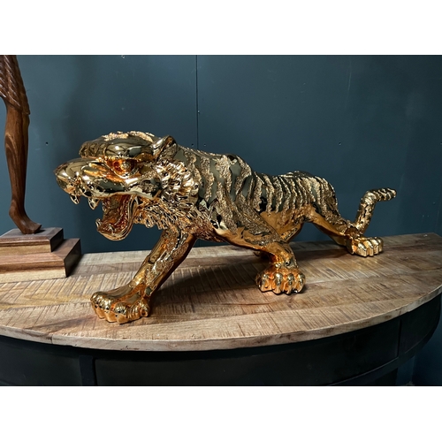 123 - NEW BOXED HUGE GOLD RESIN TIGER STATUE