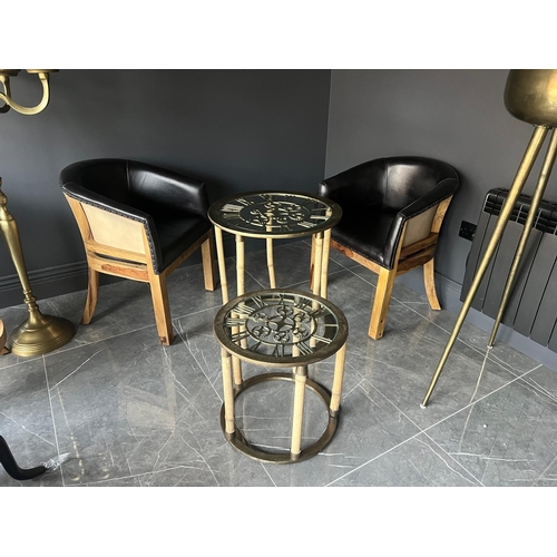 148 - BOXED NEW PAIR OF BRASS INDUSTRIAL STYLE CLOCKWORK NESTING SIDE TABLES