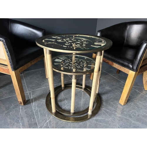 148 - BOXED NEW PAIR OF BRASS INDUSTRIAL STYLE CLOCKWORK NESTING SIDE TABLES