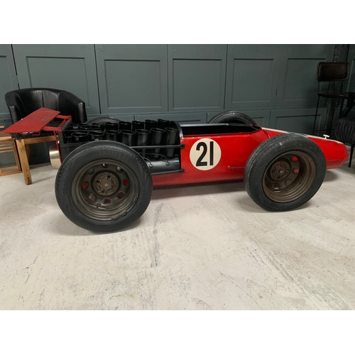 97 - LARGE IMPRESSIVE HAND MADE METAL RED RACING CAR BAR ON ORIGINAL WHEELS WITH UNDER BONNET STORAGE, WI... 