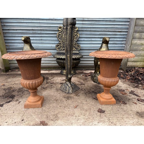 49 - PAIR RUSTY 63CM HIGH CAST IRON URNS