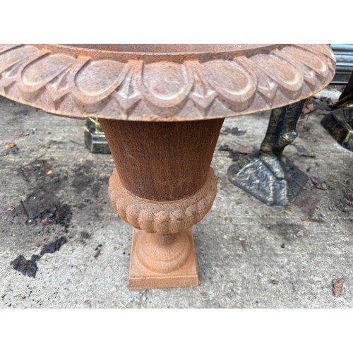 49 - PAIR RUSTY 63CM HIGH CAST IRON URNS