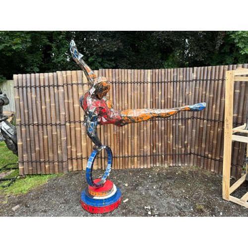 28 - HUGE METAL MODERN ART RECYCLED OIL DRUM GYMNAST ON CYR WHEEL