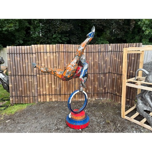 28 - HUGE METAL MODERN ART RECYCLED OIL DRUM GYMNAST ON CYR WHEEL