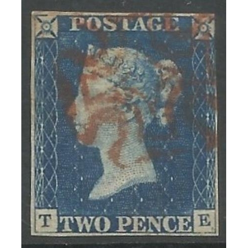 185 - 1840 Two pence blue (rich shade) TE plate 1 SG5 c£975 vfu, red MC 3½ margins, just touching NE corne... 