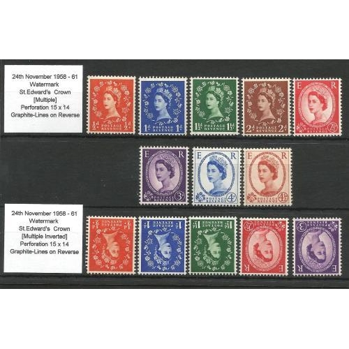 297 - 1958 Graphite set UM also the inverted Wmk set UM (1½d is hinged) SG587/593 + wi numbers (13).