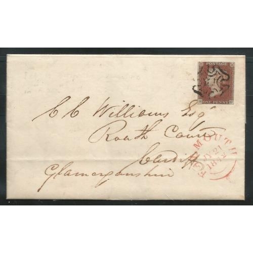 301 - 1842 MAIL IN QUARANTINE Letter Falmouth to Cardiff with Penny Red RG Pl 23 tied Black Maltese Cross ... 