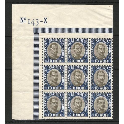 335 - 1920 Corner block of 9 (with sheet numbers) 10 aur official brilliant um. Scarce multiple. Facit TJ4... 