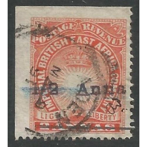 364 - 1891 MOMBASA PROVISIONAL'S ½ Anna on 2A (initials AD) SG20 sound FU, imperf on two sides (from tip l... 