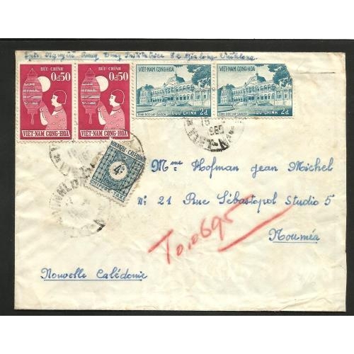 404 - 1960 Rare usage of 4fr postage due multi franked cover from Vietnam to Noumea, various pmks.